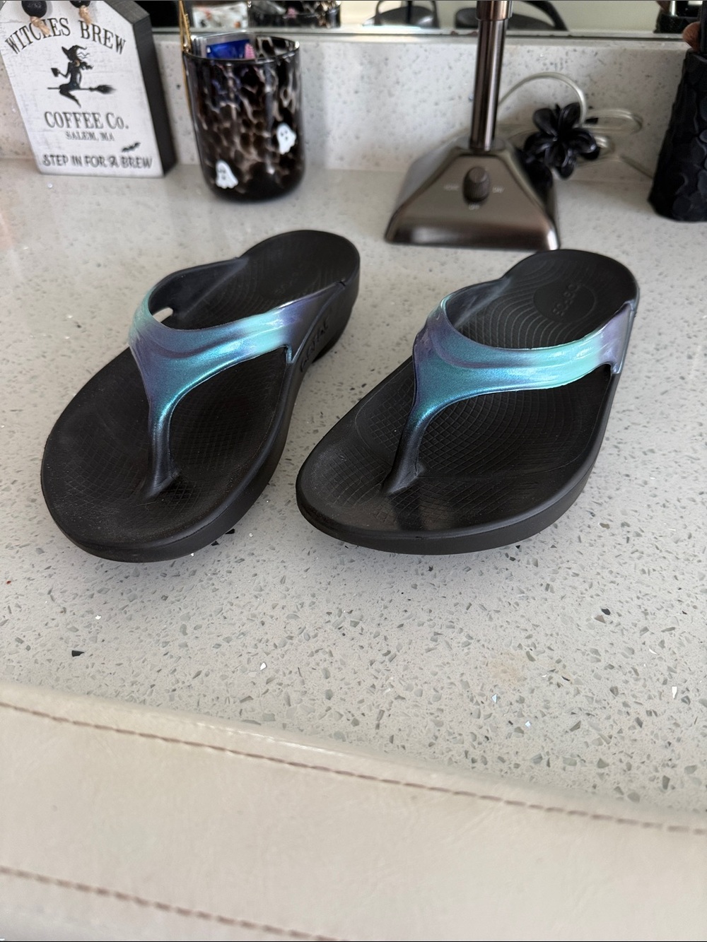 OOFOS Black Sandals with Iridescent Blue-Green Straps